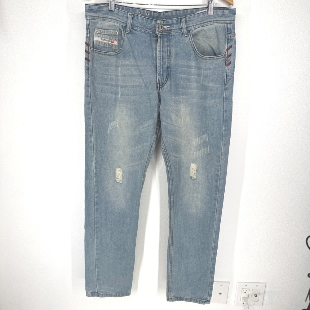 Diesel‎ Industry Men Distressed Light Straight Leg Whisker Fade Denim Jeans 36